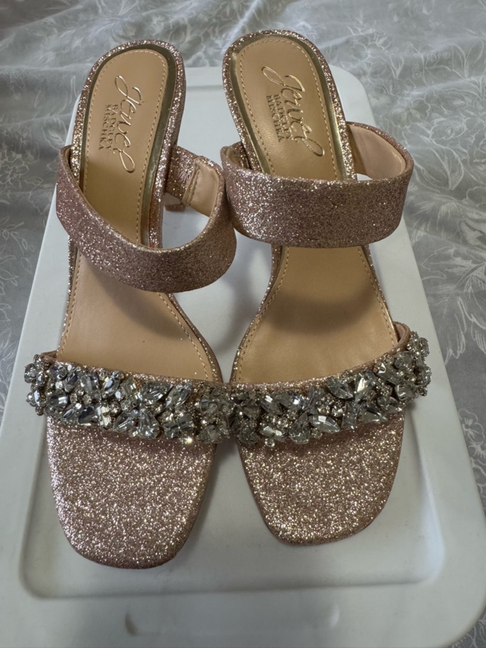 Badgley Mischka Jewel - Rose Gold Glitter Jeweled Slide Sandals